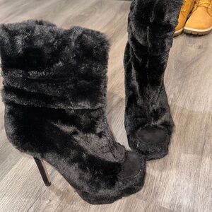 Furry open toe platform heels